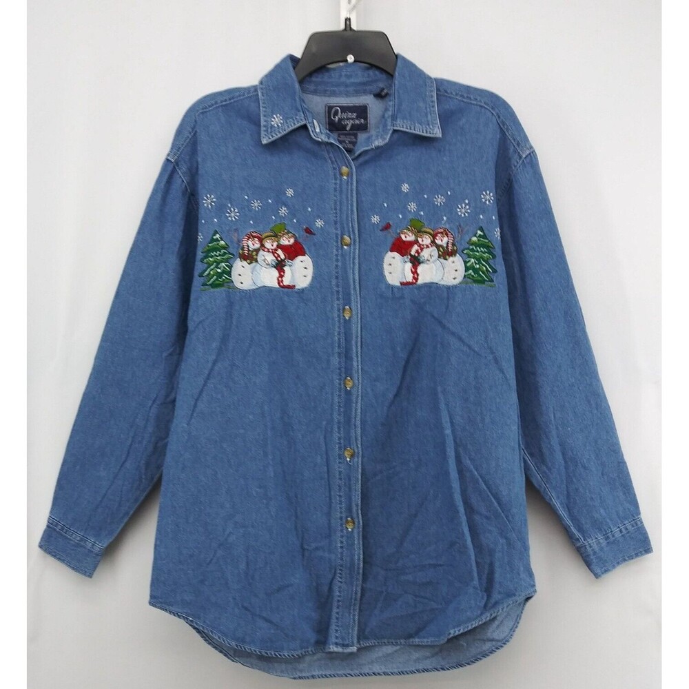 Quizz Again Shirt Womens M Blue Collared Long Sleeve Christmas Button Up Top